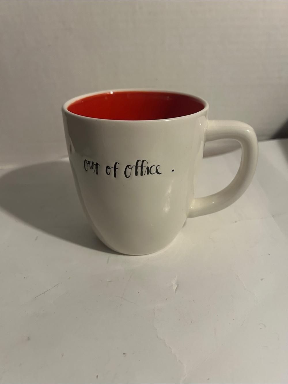 Rae Dunn White Mug with Red Interior - "out of office"